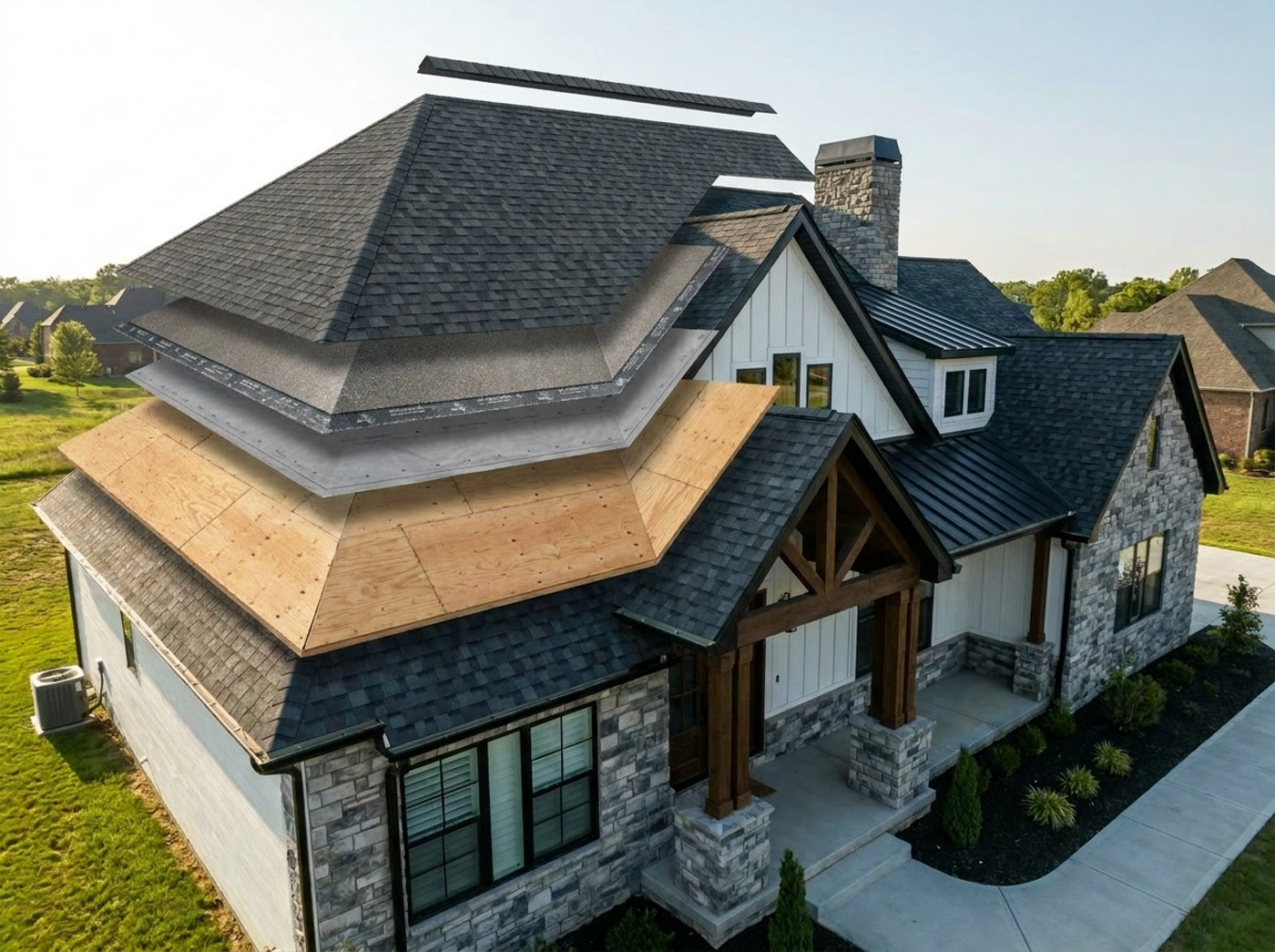 The same roof deconstructed into its layers: shingles, underlayment, and decking