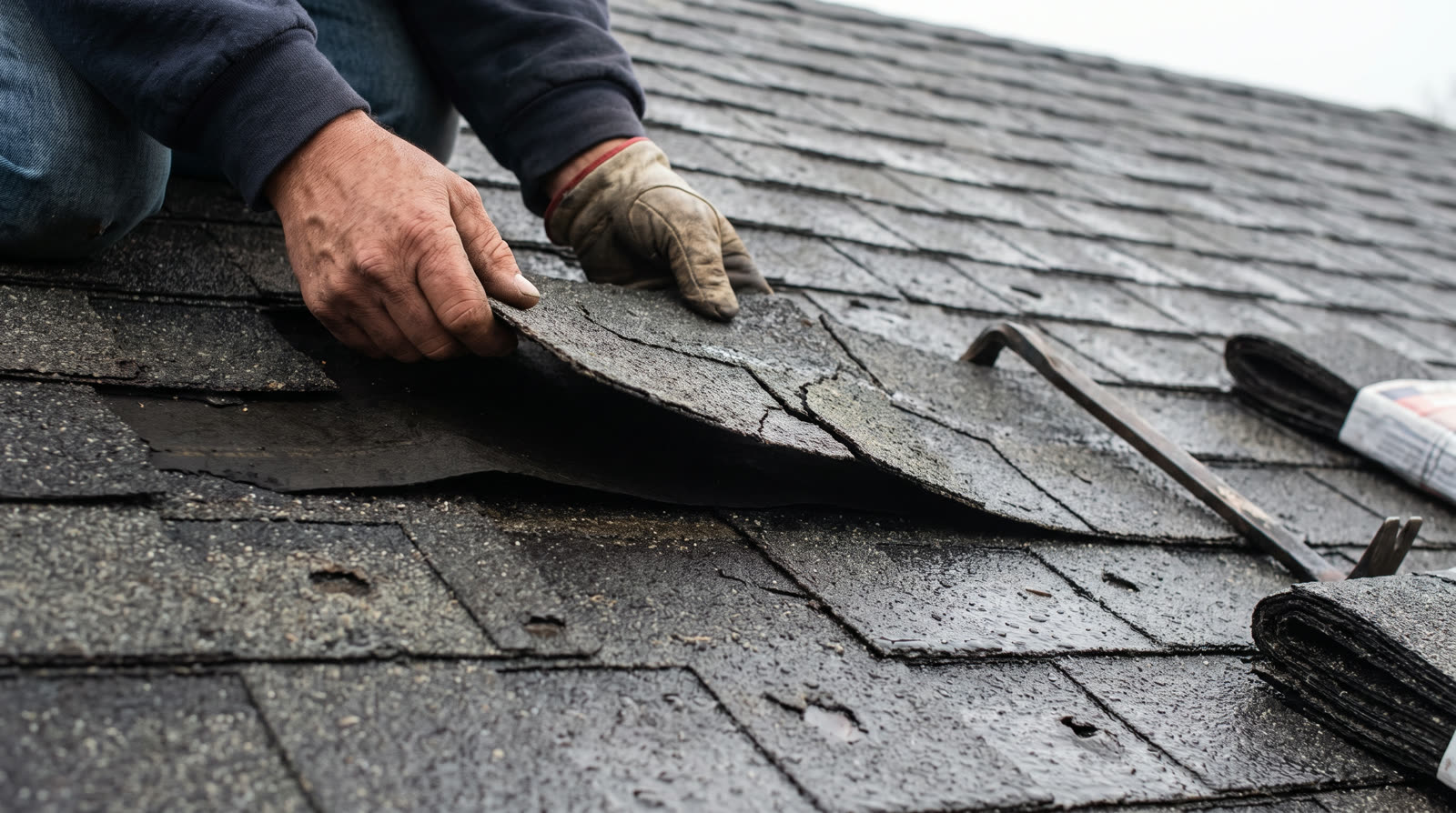 Roof repair on storm damaged shingles