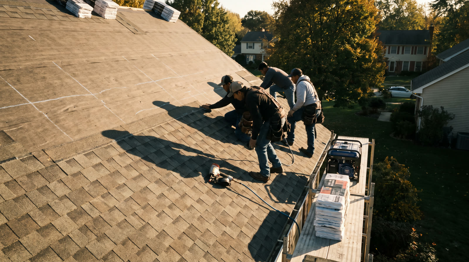 Roof replacement crew installing shingles